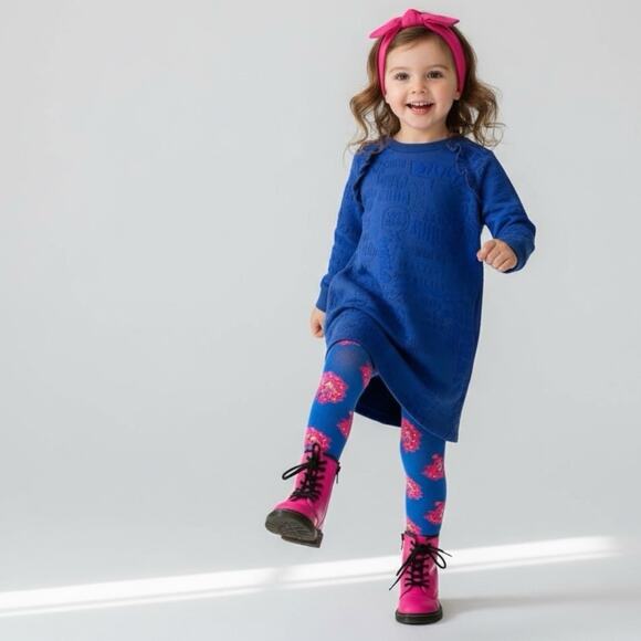 Oilily Ruffled Organic Sweat Dress and Jacquard Tights, Size 104 ( 4T), Blue - Picture 2 of 16